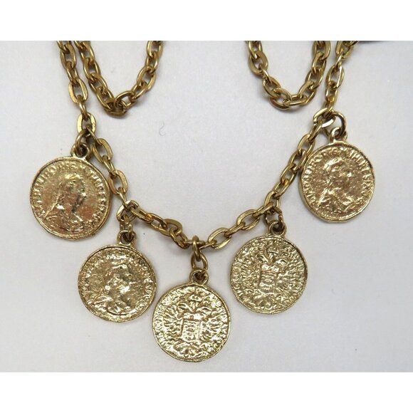 Vintage Imitation Coin Brooch 3" Gold Tone Pin Draped Chain Dangle Faux Change - Picture 11 of 12